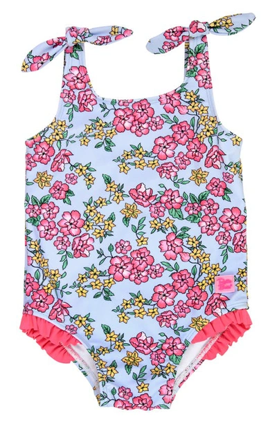 Rufflebutts Kids' Cheerful Blossoms Tie Shoulder One-piece Swimsuit In Blue/ Pink Multi