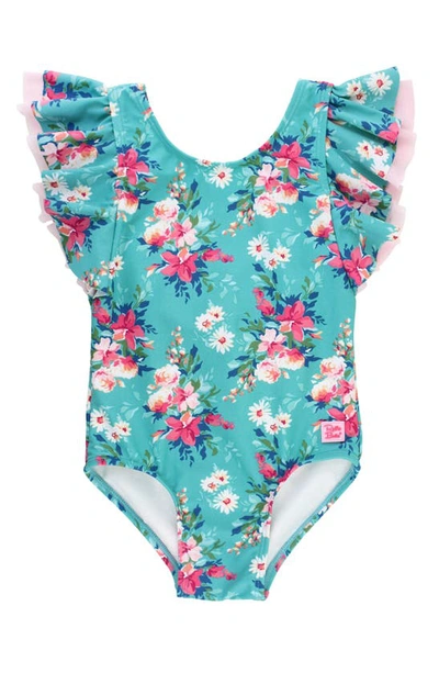 Rufflebutts Kids' Fancy Me Floral Butterfly Sleeve One-piece Swimsuit In Teal Blue