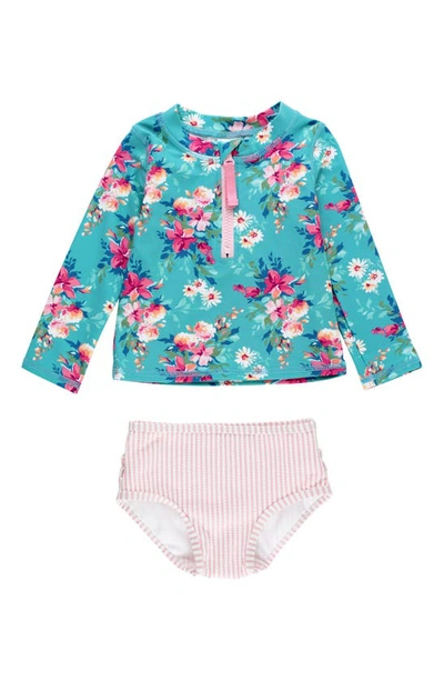 Rufflebutts Kids' Fancy Me Floral Long Sleeve Two-piece Rashguard Swimsuit In Blue