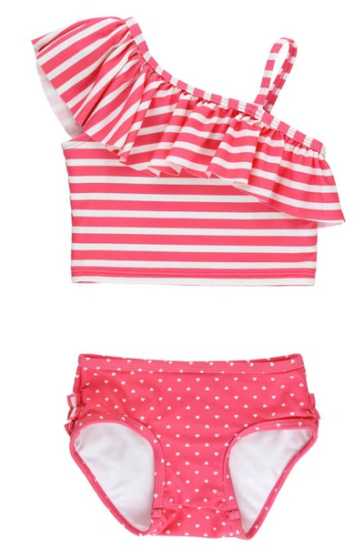 Rufflebutts Kids' Hot Pink Heart Ruffle One-shoulder Two-piece Swimsuit