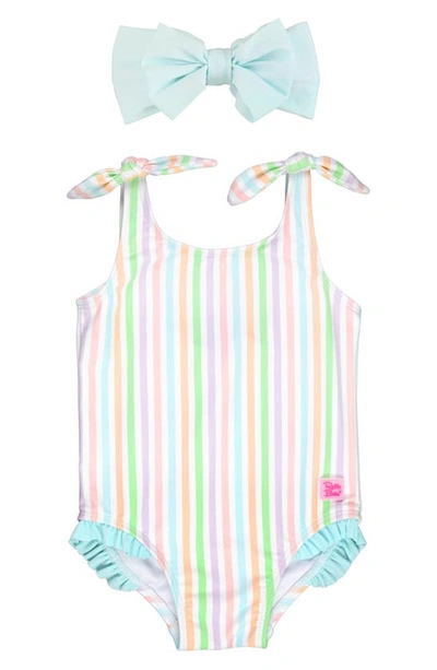 Rufflebutts Kids' Stripe One-piece Swimsuit & Bow Headband Set In Aqua Multi Stripe