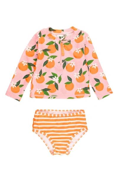 Rufflebutts Kids' Orange You The Sweetest Long Sleeve Two-piece Rashguard Swimsuit In Pink
