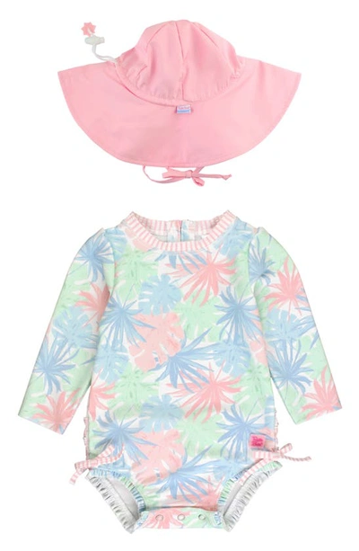 Rufflebutts Babies' Pastel Palms Long Sleeve One-piece Swimsuit & Hat Set In Pink