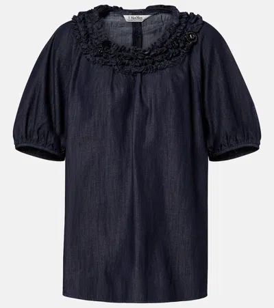 S Max Mara Embellished Ruffled Denim Blouse In Blue