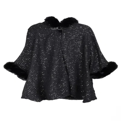 Saachi Women's Black Sequin Kimono Faux Fur Hood