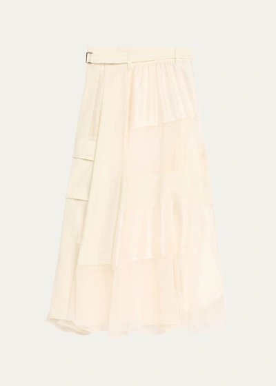 Sacai Long Belted Chalk Stripe Skirt In Off White