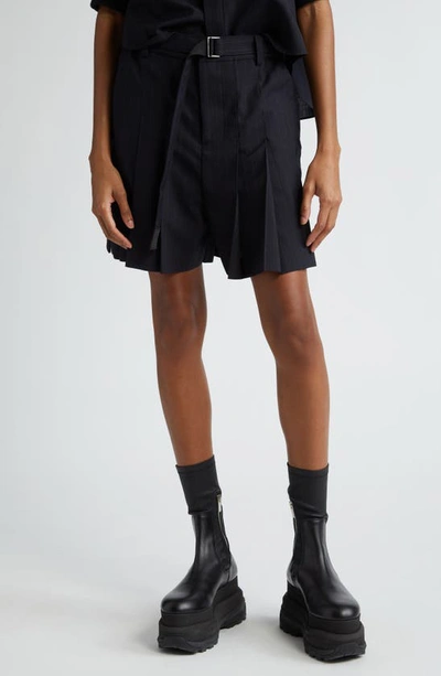 Sacai Pinstripe Belted Pleated Shorts In Blue