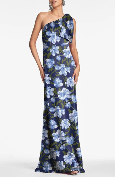 Sachin & Babi Chelsea Bow One-shoulder Gown In Ocean Blue Magnolia