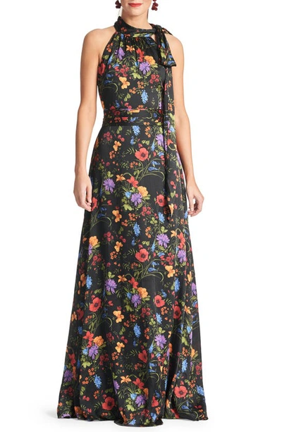 Sachin & Babi Kayla Floral Crinkle Georgette Gown In Noir Wildflower