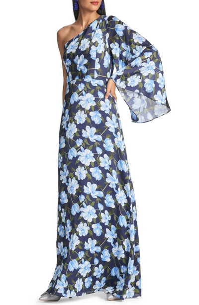 Sachin & Babi Keely Floral One-shoulder Long Sleeve Gown In Ocean Blue Magnolia