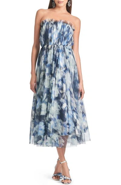 Sachin & Babi Marni Strapless Tulle Cocktail Dress In Blue Ikat Floral