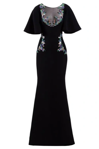 Saiid Kobeisy Long Mermaid, Crepe Marocain Dress With A Beaded Tulle Top And Pockets. In Black
