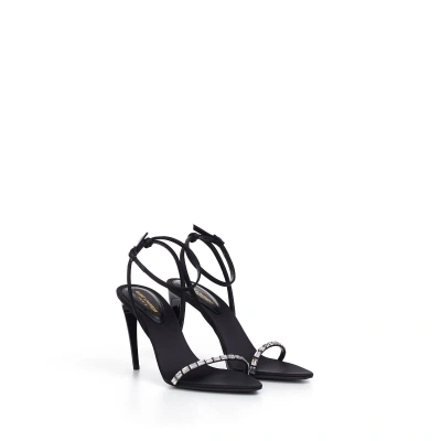 Pre-owned Saint Laurent 1095$ Gloria High Heels Sandals Crepe Satin With Rhinestones In Black