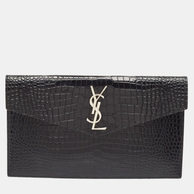 Pre-owned Saint Laurent Black Croc Embossed Leather Uptown Clutch