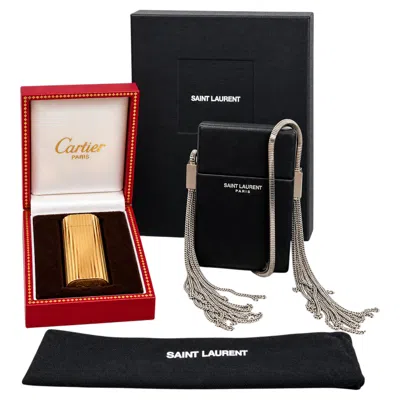 Pre-owned Saint Laurent Cartier 18ct Gold Plated Lighter & St Laurent Cigarette Cross Body Case In Black