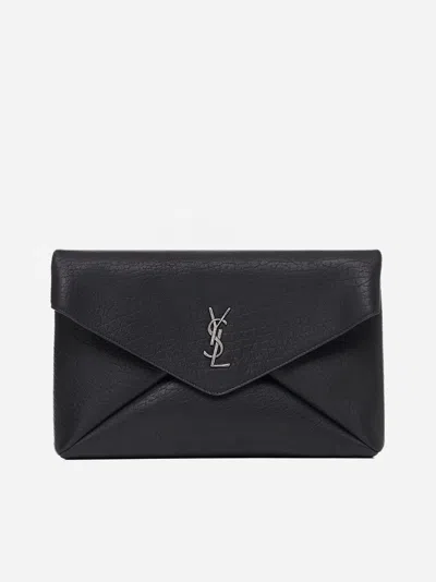 Saint Laurent Cassandre Envelope Large Leather Clutch Bag In Black
