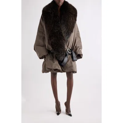 Saint Laurent Faux Fur Collar Belted Silk Coat In Brown