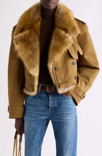 Saint Laurent Genuine Lamb Fur Trim Cropped Cotton Coat In Gold