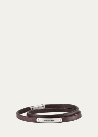 Saint Laurent Men's Logo Plaque Leather Wrap Bracelet In Brown Oak