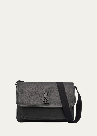 Saint Laurent Men's Niki Ysl Messenger Bag In Grained Leather In Black