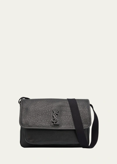 Saint Laurent Men's Niki Ysl Messenger Bag In Grained Leather In Nero