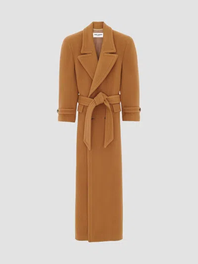 Saint Laurent Oversized Wool Blend Long Coat In Tanin