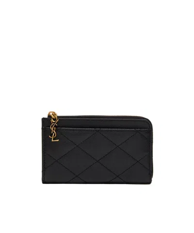 Saint Laurent Quilted Leather Zip Card Holder In Black