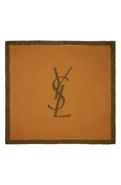 Saint Laurent Silk Square Scarf In 7766 Ochre/dark Green