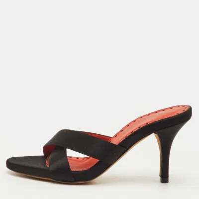 Pre-owned Saint Laurent Size 37 Black Satin Criss Cross Slide Sandals