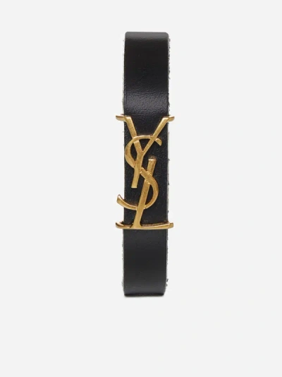 Saint Laurent Women's Goldtone Logo Leather Bracelet In Black