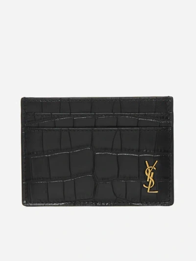 Saint Laurent Ysl Logo Crocodile-effect Leather Card Holder In Black