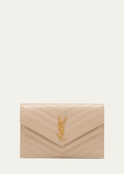 Saint Laurent Ysl Monogram Small Wallet On Chain In Grained Leather In Brown