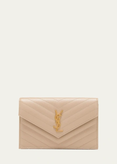 Saint Laurent Ysl Monogram Small Wallet On Chain In Grained Leather In Dark Beige