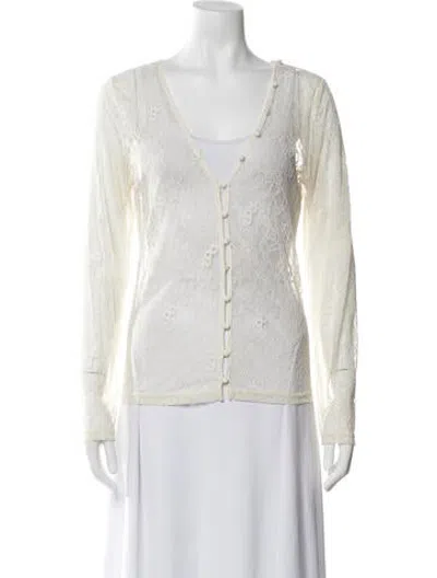 Pre-owned Saks Potts Lace Pattern V-neck Top In Neutrals