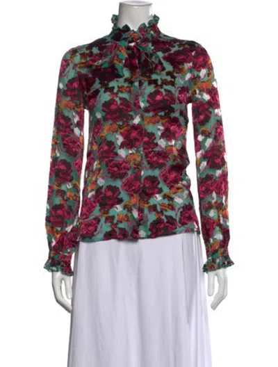 Pre-owned Saloni Floral Print Tie Neck Blouse In Pink