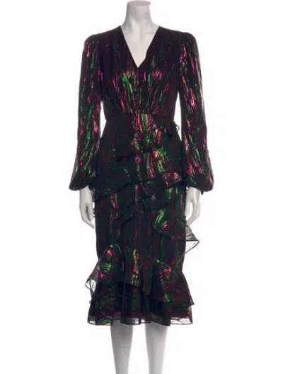 Pre-owned Saloni Silk Midi Length Dress In Black/metallic