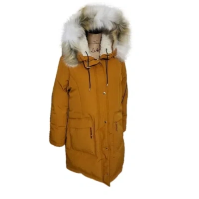 Pre-owned Sam Edelman Spicy Mustard Faux Fur Hooded Long Parka Size Large