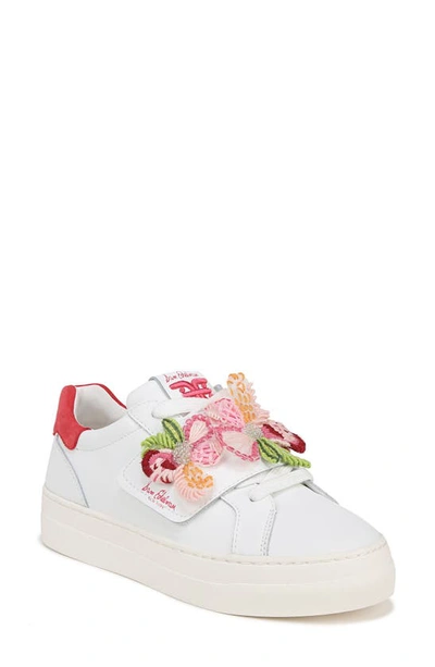 Sam Edelman Wendy Floral Embroidery Platform Trainer In Bright White/ Guava Pink