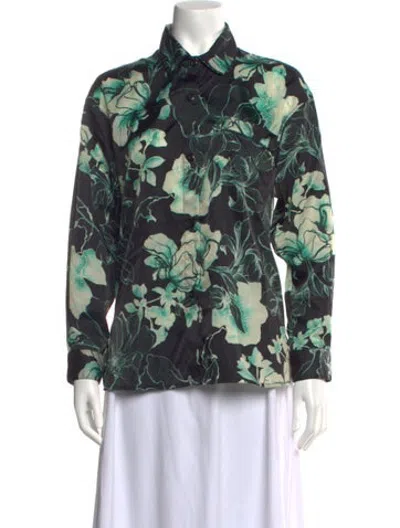 Pre-owned Samantha Sung Floral Print Long Sleeve Blouse In Green