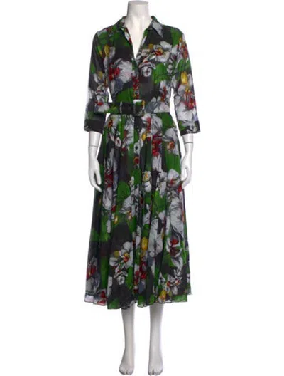Pre-owned Samantha Sung Floral Print Midi Length Dress In Green