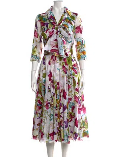 Pre-owned Samantha Sung Floral Print Midi Length Dress In Neutrals