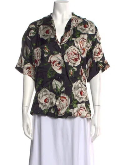 Pre-owned Samantha Sung Silk Floral Print Blouse W/ Tags In Black
