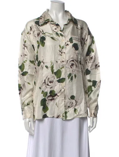 Pre-owned Samantha Sung Silk Floral Print Blouse W/ Tags In Neutrals