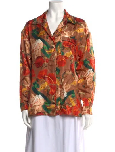 Pre-owned Samantha Sung Silk Floral Print Button-up Top W/ Tags In Orange