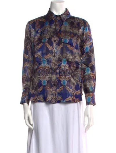 Pre-owned Samantha Sung Silk Printed Blouse W/ Tags In Blue