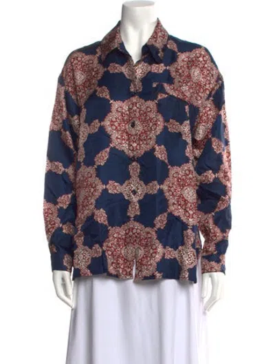 Pre-owned Samantha Sung Silk Printed Blouse W/ Tags In Blue