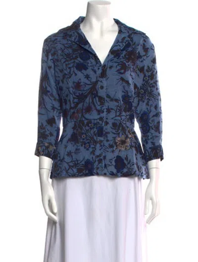 Pre-owned Samantha Sung Wool Floral Print Blouse W/ Tags In Blue