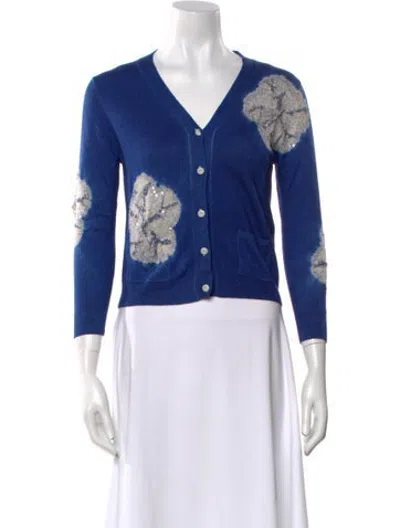 Pre-owned Samantha Sung Wool Floral Print Sweater W/ Tags In Blue/grey