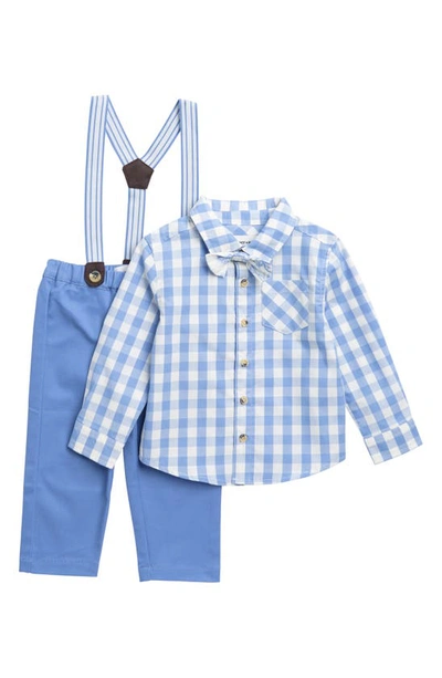 Sammy + Nat Babies' Gingham Button-up Shirt, Solid Suspender Pants & Bow Tie Set In Blue