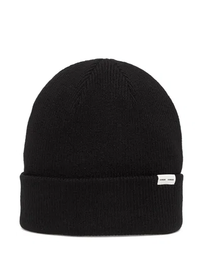 Samsoe & Samsoe Logo-patch Ribbed Beanie In Black